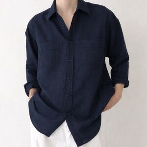 Boden Vivienne Linen Button-Down Shirt in Navy Blue